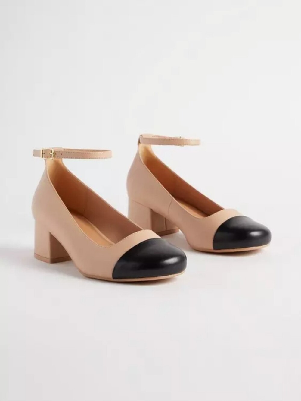 Torrid Ankle-Strap Block Heel Pumps in Beige with Black Cap Toe